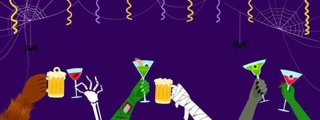 Happy Halloween banner vector illustration, monster hands; mummy, green witch, demon, werewolf, zombie, skeleton bone, holding spooky party cocktail drink glass on purple background, Autumn holiday