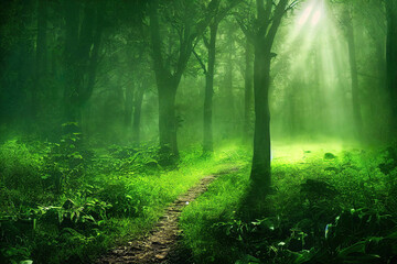Misty foggy green celtic forest with lush foliage, calm nature organic background, digital illustration, digital painting, cg artwork, realistic illustration, 3d illustration