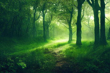 Fototapeta na wymiar Misty foggy green celtic forest with lush foliage, calm nature organic background, digital illustration, digital painting, cg artwork, realistic illustration, 3d illustration