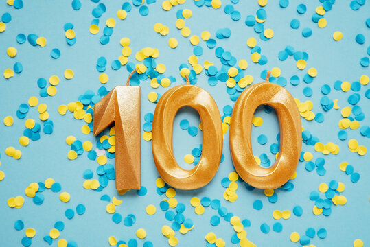 100 followers card. Template for social networks, blogs. on on yellow and blue confetti Background. Social media celebration banner. 100 online community fans. 100 one hundred subscriber
