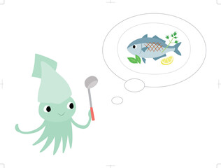 献立を考えるイカ（魚のムニエル）