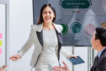 Millennial Asian successful professional businesswoman presenter speaker in white formal suit standing smiling holding tablet while male and female colleagues clapping hands applaud in meeting room