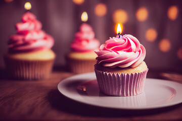 Delicious fresh birthday cupcake with pink frosting and a candle, digital illustration, digital painting, cg artwork, realistic illustration