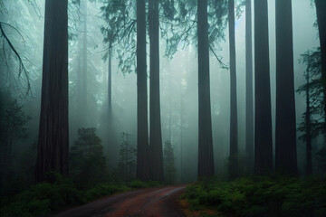 Misty foggy redwood, birch forest, lush foliage, digital illustration, digital painting, cg artwork, realistic illustration, 3d render