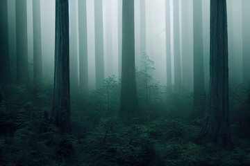 Misty foggy redwood, birch forest, lush foliage, digital illustration, digital painting, cg artwork, realistic illustration, 3d render