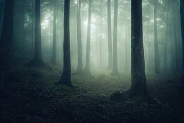 Fototapeta premium Misty foggy redwood, birch forest, lush foliage, digital illustration, digital painting, cg artwork, realistic illustration, 3d render