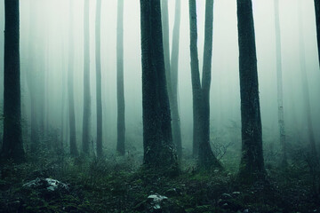 Fototapeta premium Misty foggy redwood, birch forest, lush foliage, digital illustration, digital painting, cg artwork, realistic illustration, 3d render