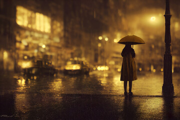 Young woman standing in the rain in the city, digital illustration, digital painting, cg artwork, realistic illustration, 3d render