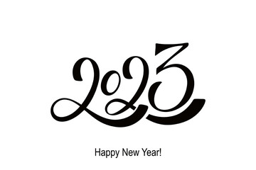 2023 Happy New Year hand lettering calligraphy. Vector holiday illustration element. Typographic element for banner, poster, congratulations.
