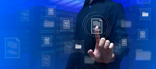 Document Management System Online Document Database and automated processes to manage files and ERP, enterprise business technology. businessman using virtual screen to DMS.
