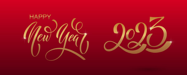 2023 Happy New Year hand lettering calligraphy. Vector holiday illustration element. Typographic element for banner, poster, congratulations.