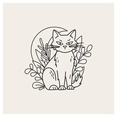 Cat among plants. Cat silhouette. Line vector illustration. 