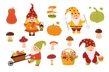 Autumn garden gnomes, mushrooms, pumpkins set. Autumn, fall season, harvesting, thanksgiving concept.
