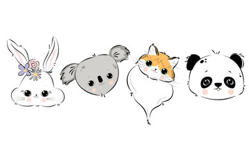 Cute animal faces. Head of a cat, bunny, panda, koala.