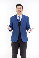Millennial Asian smart handsome cheerful proud successful professional male businessman ceo entrepreneur in formal suit and necktie standing smiling posing on white background