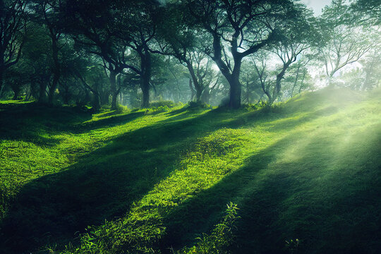 Beautiful morning over the green hills, lush foliage, calm green nature background, digital illustration, digital painting, cg artwork, realistic illustration, 3d render