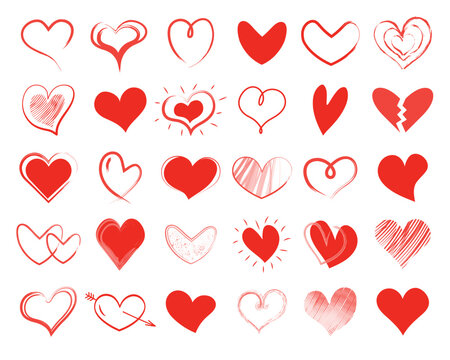 Set of doodle hand drawn hearts. Different shapes and styles. Love line icon.