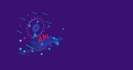 Pink api symbol on a pedestal of abstract geometric shapes floating in the air. Abstract concept art with flying shapes on the left. 3d illustration on deep purple background