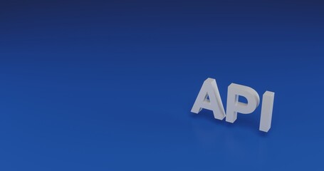 Isolated realistic white api symbol with shadow. Located on the right side of the scene. 3d illustration on blue background