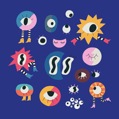 Set of hand drawn illustrations of different cartoon eyes. Halloween clip art with weird, spooky eyes with legs and decorative elements.