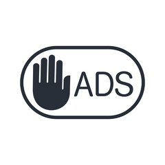 Stop gesture for advertising. No ads. Forbidden technology. Vector linear icon isolated on white background.