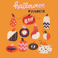 Set of funny hand drawn Halloween pumpkins of different shapes and sizes.Clipart illustrations of autumn vegetables for Holiday season. Great for photo overlay, printable party decoration elements