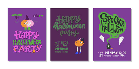 Naklejka premium Set of hand drawn Halloween party invitations or posters with hand lettering text and traditional elements. Handwritten inscriptions, eerie pumpkins and ghosts.