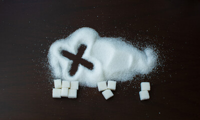 Stop sign sugar warns that too much sugar will make an unhealthy diet, obesity, diabetes, dental...