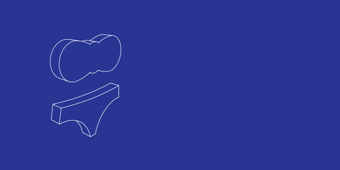 The outline of a large bikini symbol made of white lines on the left. 3D view of the object in perspective. Vector illustration on indigo background