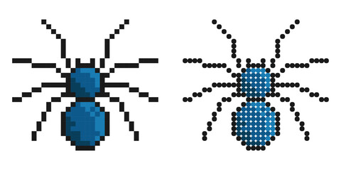 Obraz premium Pixel icon. Eight legged poisonous spider. Dangerous insect pests. Simple retro game vector isolated on white background