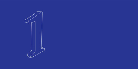 The outline of a large number one symbol made of white lines on the left. 3D view of the object in perspective. Vector illustration on indigo background