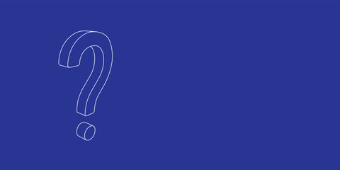 The outline of a large question symbol made of white lines on the left. 3D view of the object in perspective. Vector illustration on indigo background