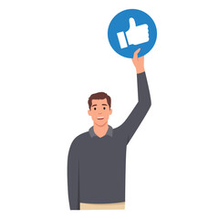 Young man give review rating and feedback. Holding in hands like rating Icons. Customer choice. Flat vector illustration isolated on white background