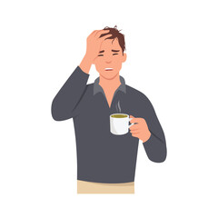 Young man hangover and flu. Sleepy guy standing with tea cup having headache feeling insomnia cold and fever. Flat vector illustration isolated on white background - obrazy, fototapety, plakaty