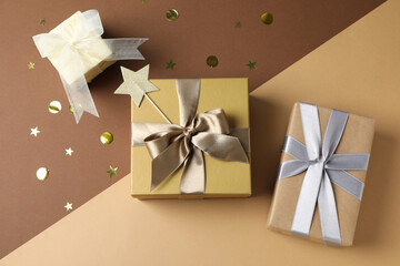 Concept of gift, gift boxes on two tone background