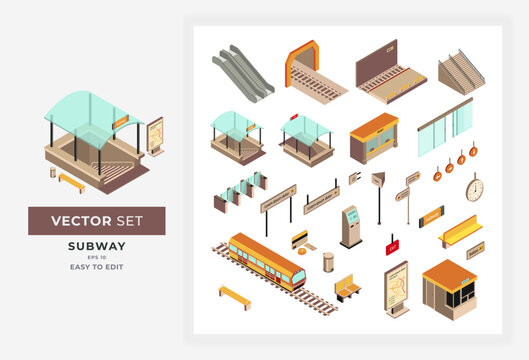 Isometric subway kit vector. A collection of illustrations of subway elements, signs, schedules and destinations, etc. This design is perfect for subway transportation companies. Color Editable Eps 10