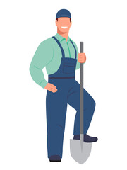 Smiling worker in uniform stands with a shovel. Illustration in flat style on white background.