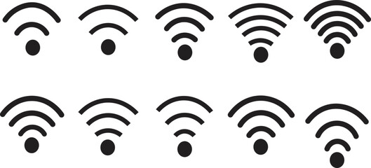 Wifi, wireless and signal connect. Vector isolated icon and signs. Internet connection cocept. Diverse styles of wifi icons. Multiple ways to represent radio waves