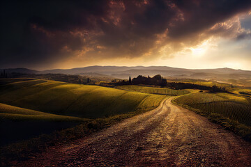 Naklejka premium beautiful tuscany landscape, sunset morning lights, peaceful background