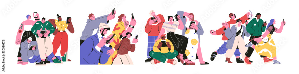 Poster online users community, digital communication concept. people using mobile phones, internet, social 