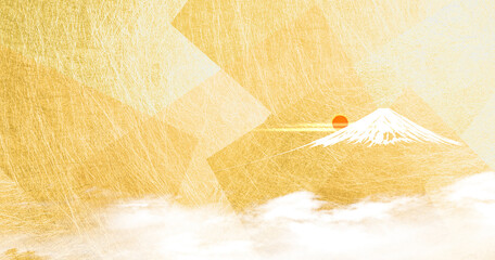 富士山（朝焼け　夕焼け　雲）アブストラクト 背景は金色の和紙