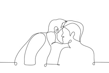 man leaned over a seated man and whispers in his ear or kisses his cheek greeting or congratulating - one line drawing vector. concept of gossip spreading or homosexual men flirting, queerbaiting