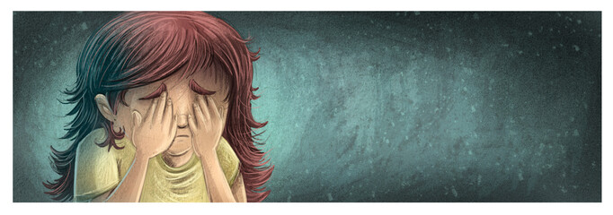 illustration of little girl crying sad and depressed - obrazy, fototapety, plakaty