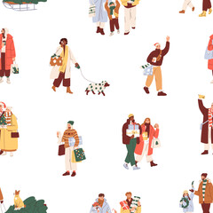 Seamless Christmas pattern with happy people shopping for winter holidays. Xmas lifestyle background, print with characters, gift boxes, bags, purchases. Colored flat graphic vector illustration