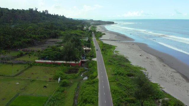 Aerial view of Marine Drive Road adjacent to Sea Beach in Cox's Bazar, Bangladesh