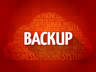 Backup - copying of physical or virtual files or databases to a secondary location, word cloud concept background
