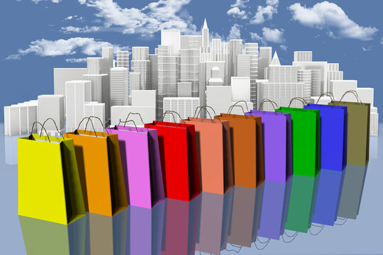 Illustrazione 3D. Borsa della spesa in primo piano. Sullo sfondo la città stilizzata. Immagine che rappresenta lo shopping in città, nei negozi, nei centri commerciali..