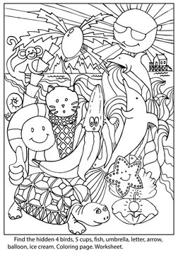 Coloring page with game find  hidden objects. Summer illustration. Find the hidden 4 birds, 5 cups, fish, umbrella, letter, arrow, balloon, ice cream. White black print. Worksheet.