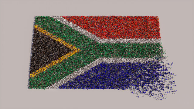A Crowd of People coming together to form the Flag of South Africa. South African Banner on White.
