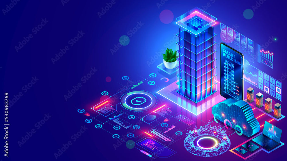 Leinwandbilder Development architecture computer systems of smart building. Design modern building construction with ai controls. Project smart house construction with artificial intelligence and IOT systems.